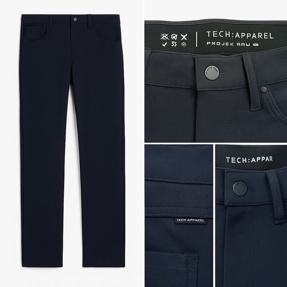 Projek Raw TECH:APPAREL Mens Pants 32 Navy 360° Stretch Zip Pocket Anti-Slip NWT - Picture 1 of 11